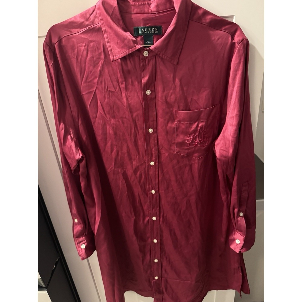 Lauren Ralph Lauren Fuchsia Satin‎ Feel Long Sleeve Rolled Tab Sleep Shirt Small